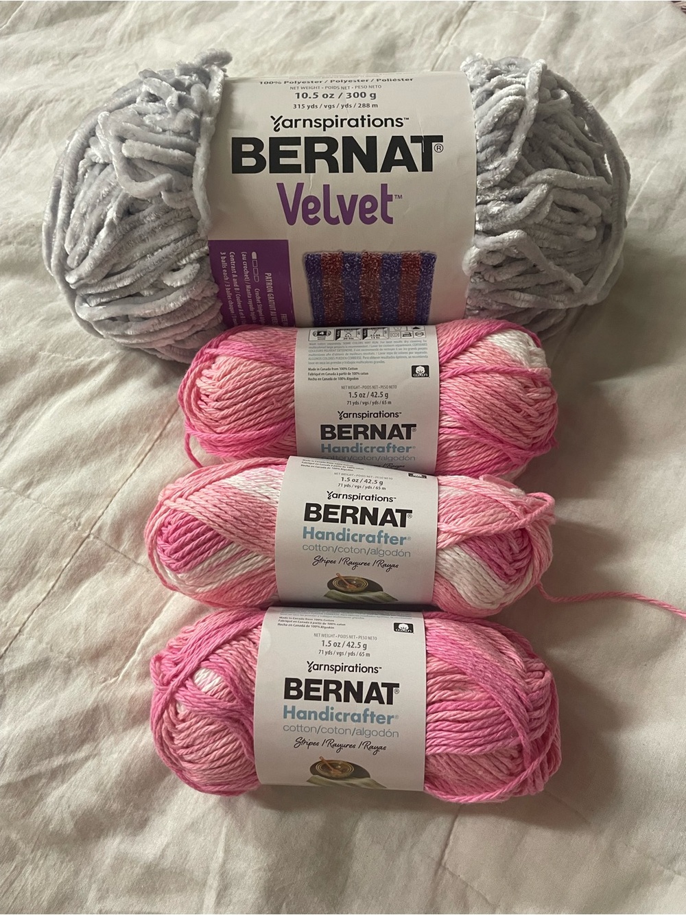 Bernat Velvet & Handicrafter Yarn Bundle - Pink and Light Gray